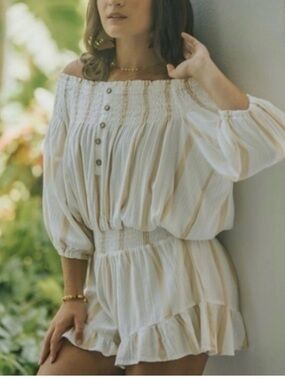 Vintage Havana Cream and Tan Striped Smocked off the shoulder romper
